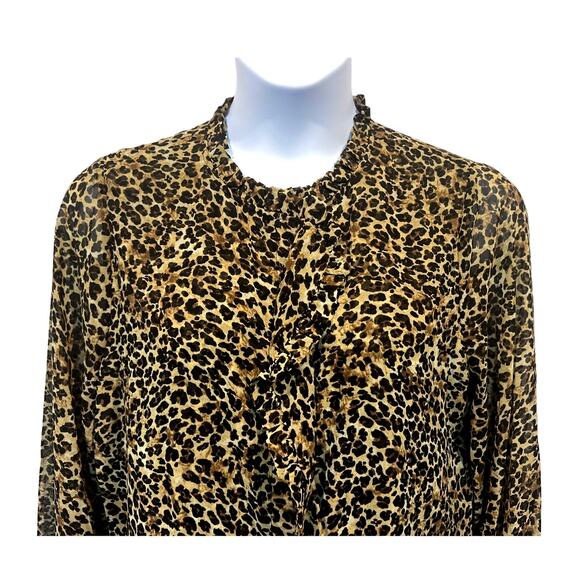 Tahari Top Wmns Sz XL Button Up Leopard Print Ruffle Detail Career Blouse Brown - Picture 4 of 10